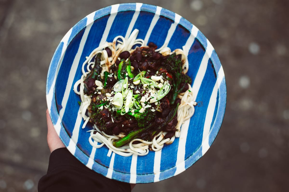 Sticky Black Beans and Purple Sprouting Broccoli Stir Fry