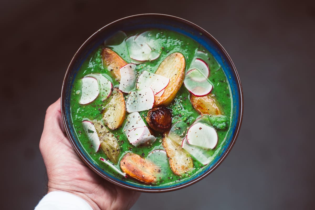 Pea and Mint Soup With Roast Jersey Royals and Radish Slices