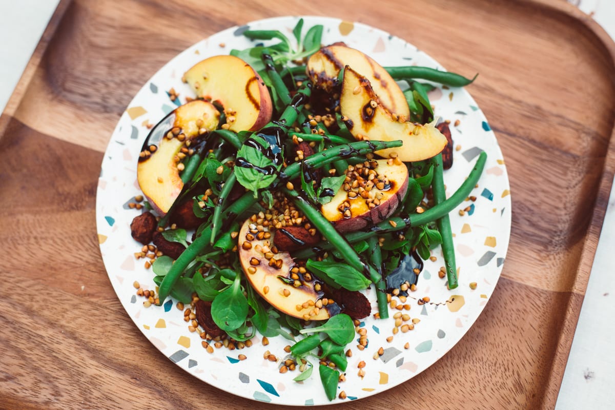 Buckwheat and Peach Salad With French Beans and Balsamic Glaze