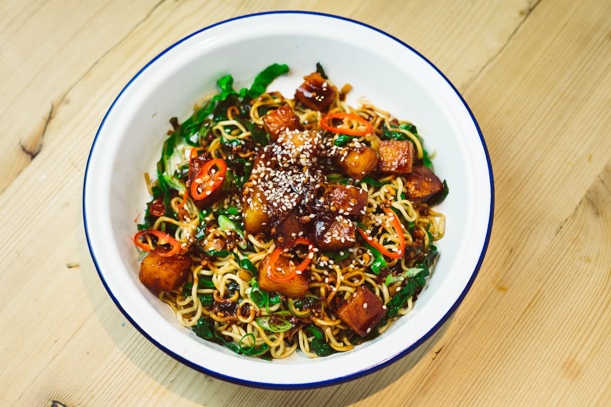 Peanut Glazed Swede With Green Cabbage and Chilli Noodles