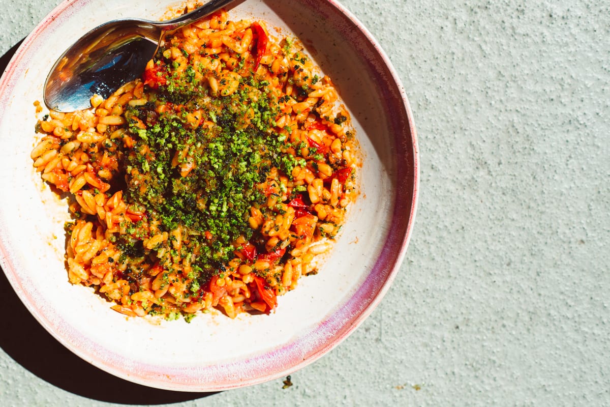 Cherry Tomato Orzo With Spinach Breadcrumbs
