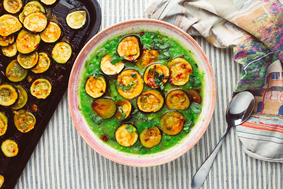 Spicy Roast Courgette And Pea Soup